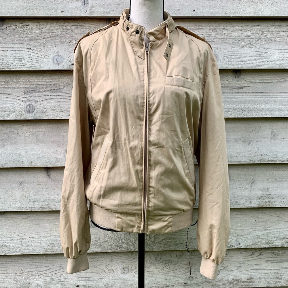 Vintage 80s Tan Khaki Zip Up Front Long Sleeve Collared Utility Bomber Jacket